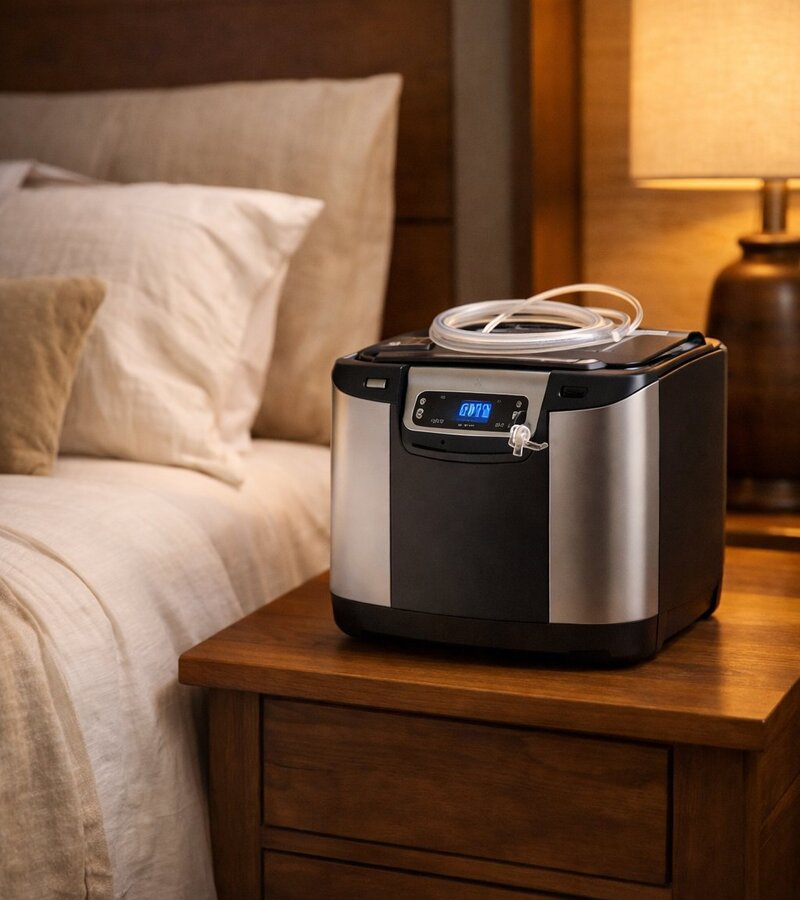 Medical-grade oxygen concentrator in a luxury hotel room